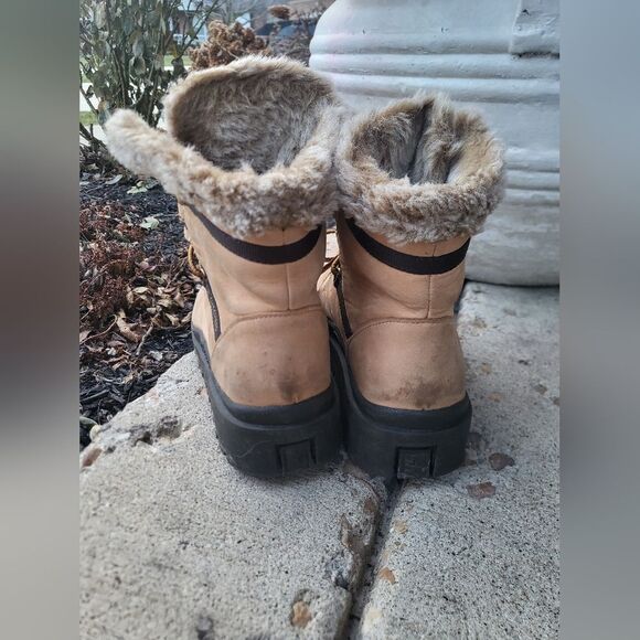 Vintage 90s Chunky Skechers Womens Boots Platform Tan Leather Lace Fur Y2K Sz 7 - Picture 5 of 12